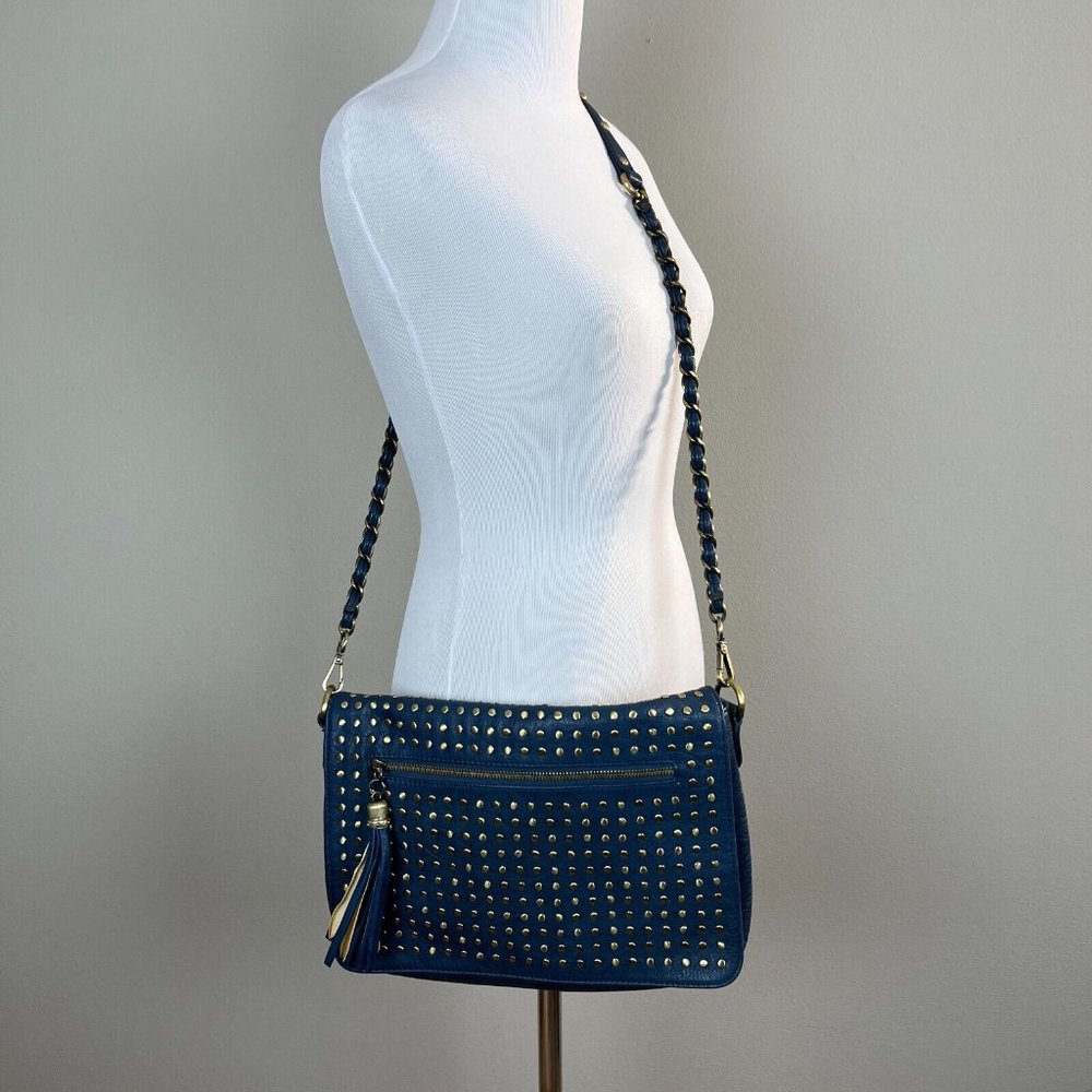 Urban Expressions Crossbody Bag Certified Vegan Leather Blue Brass Chain Studded